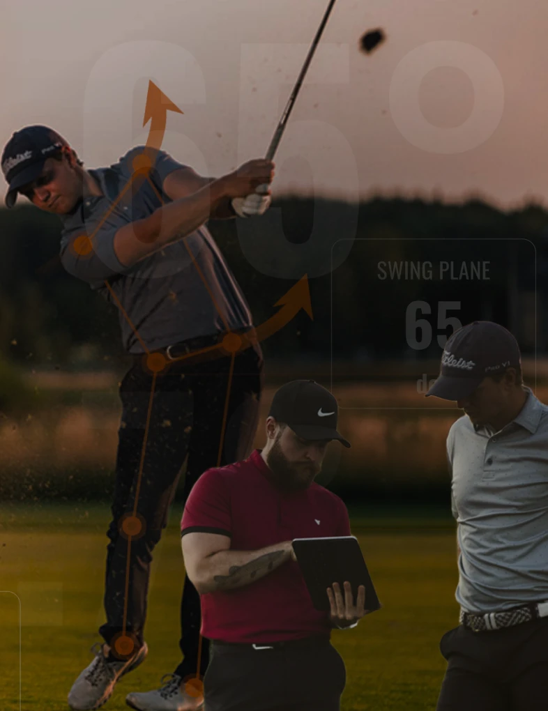 Golfer mid-swing overlaid with swing-plane graphics; two coaches/players beside him reviewing swing data on a tablet at sunset.