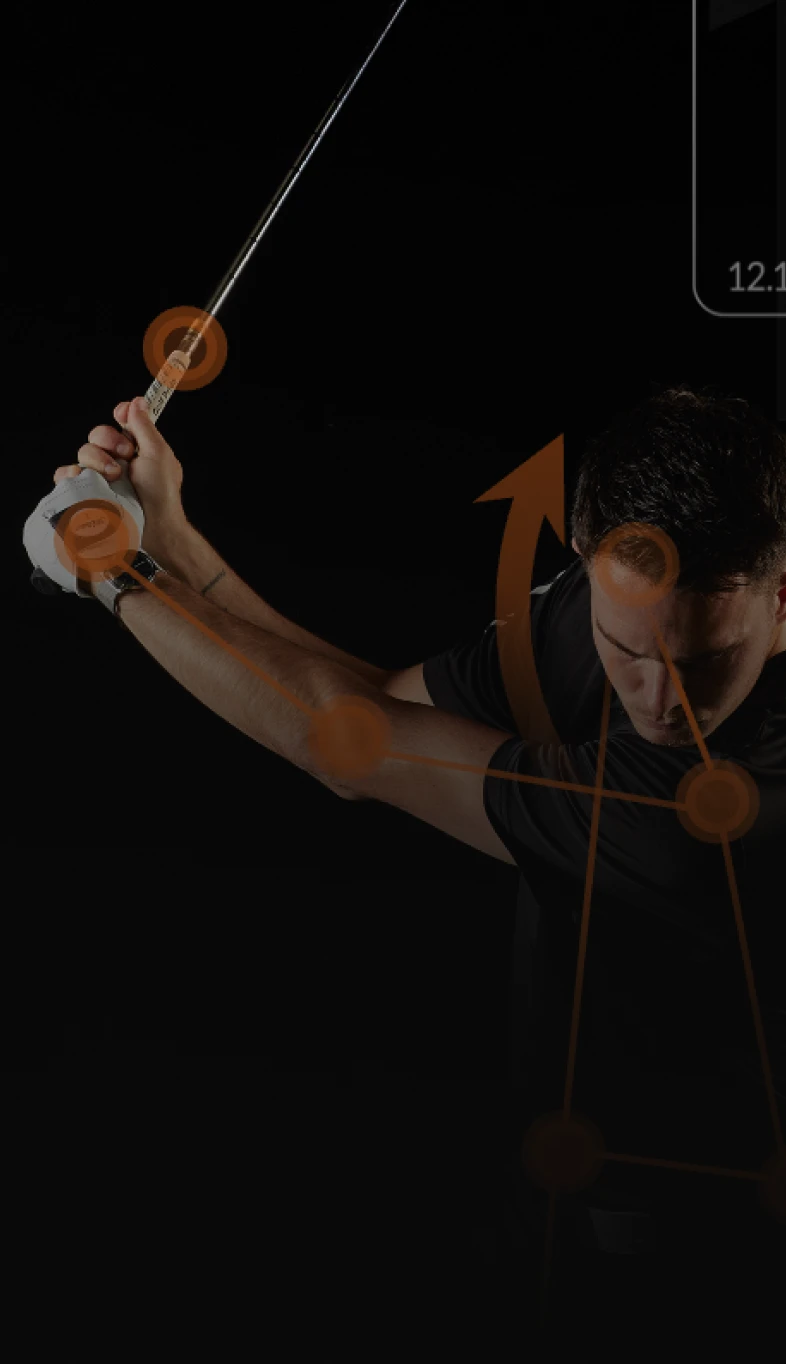 Golfer mid-backswing against black background, gripping club with orange sensor overlays marking joints and motion.