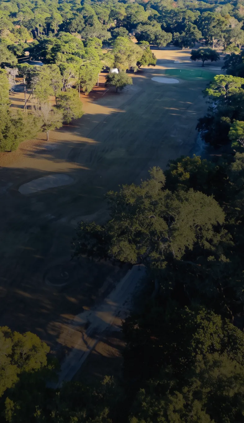 Aerial view of a golf course with a green, sand traps, and surrounding trees casting long shadows in the sunlight.