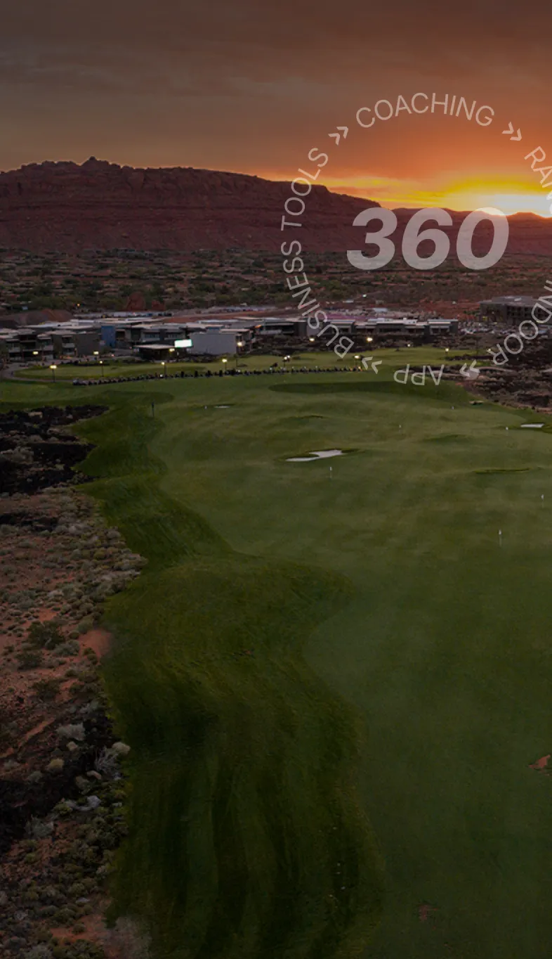 Aerial view of a golf course and resort at sunset, red rock cliffs in the distance, green fairways and a translucent "360" circular logo overlay