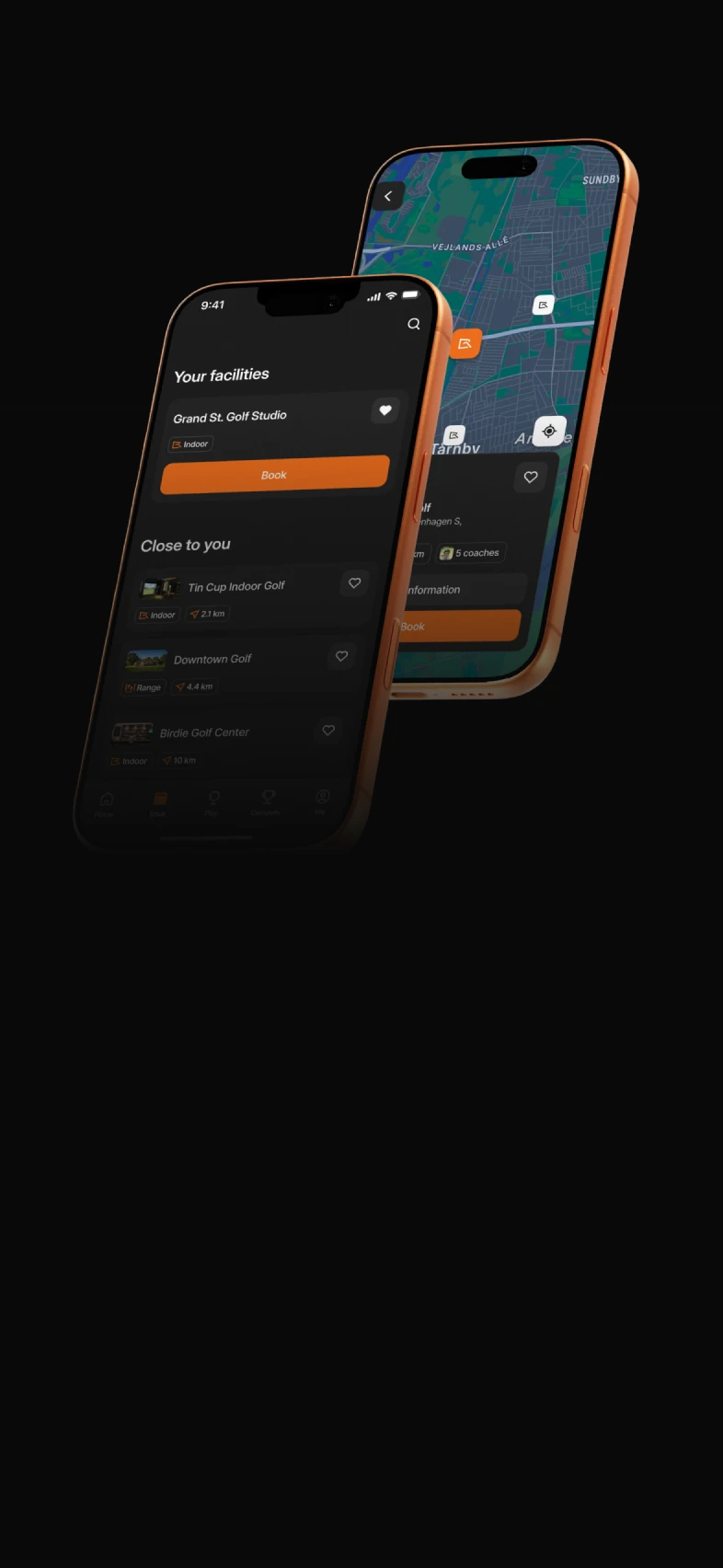 Two smartphones displaying a golf booking app interface with options for nearby facilities and a map view.