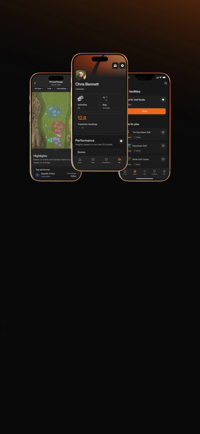 A dark-themed interface displays three screens showing a golf app, featuring a profile, performance metrics, and a virtual range map.