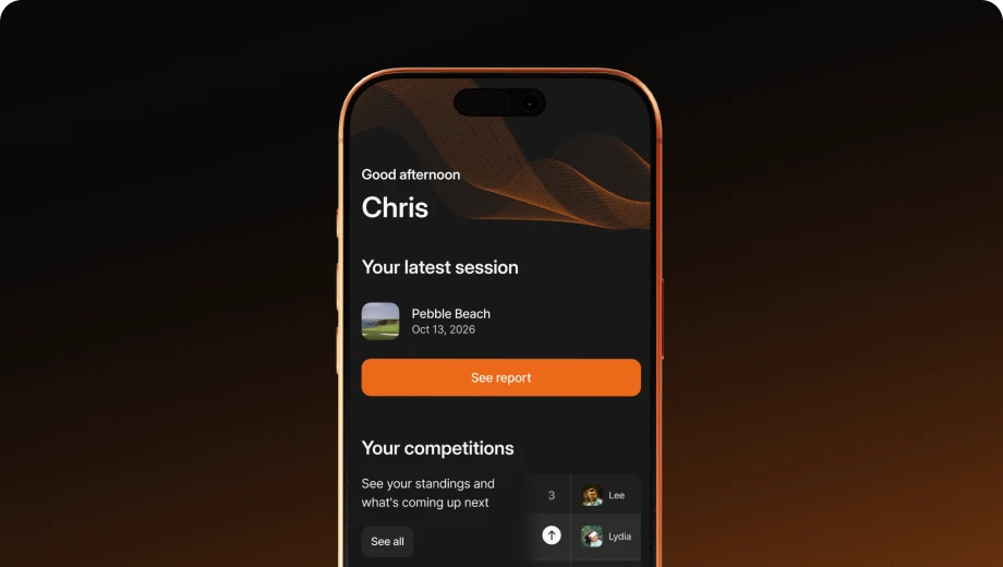 Mobile app screen showing session details for "Pebble Beach" on Oct 13, 2026, with options to view reports and competitions.