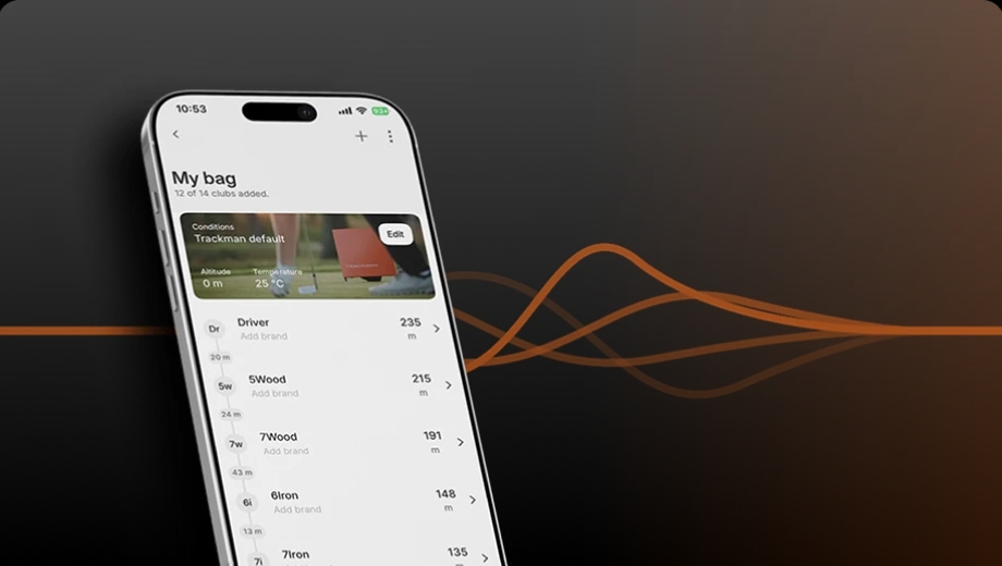 Smartphone displaying a golf app interface, listing various golf clubs under "My bag" with conditions and orange wave graphics in the background.