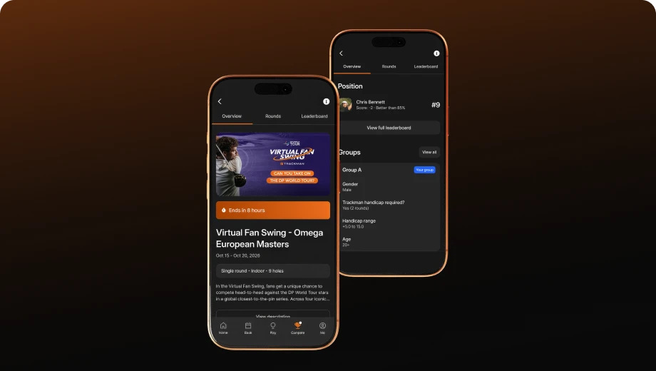 Two smartphones display a golf tournament app with event details for "Virtual Fan Swing - Omega European Masters" and leaderboard information.