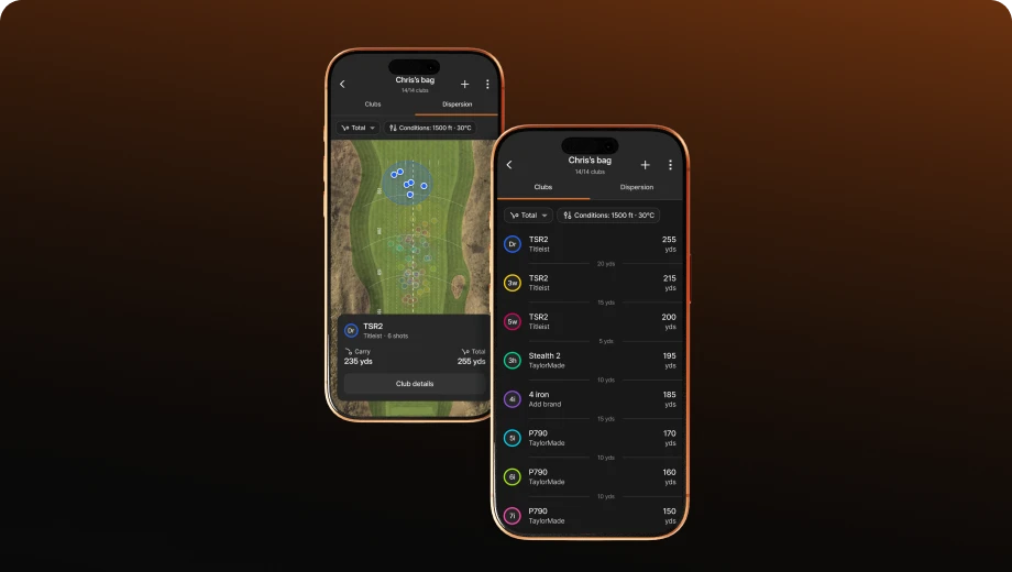 Two smartphones display a golf app showing club selection and performance data, set against a gradient brown background.