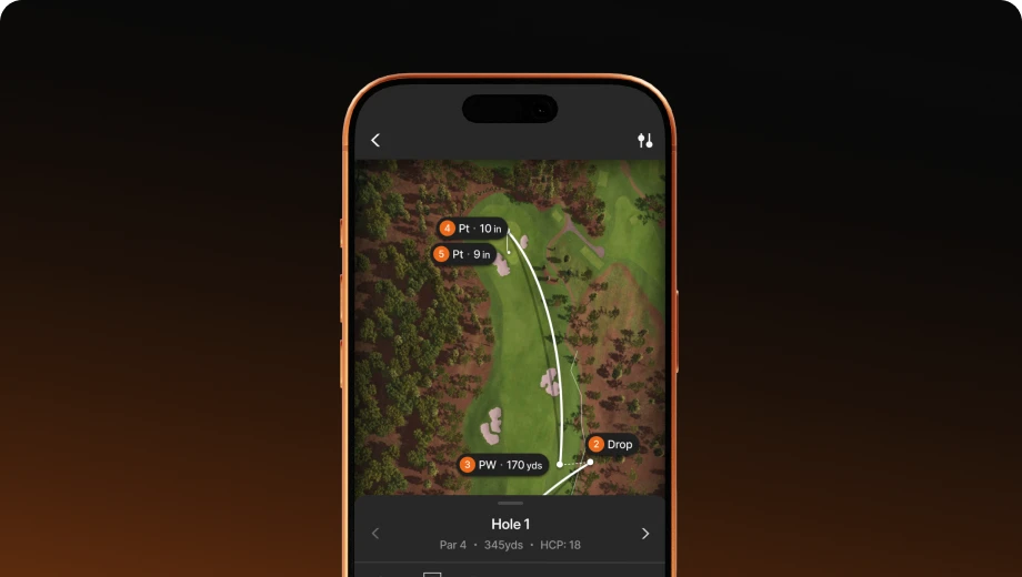 Smartphone showing a golf course map with shot distances and pin positions for Hole 1, Par 4, 345 yards, HCP 18 on the screen.